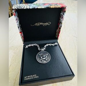 NWT Ed Hardy Stainless Steel Necklace with Rose Pendant